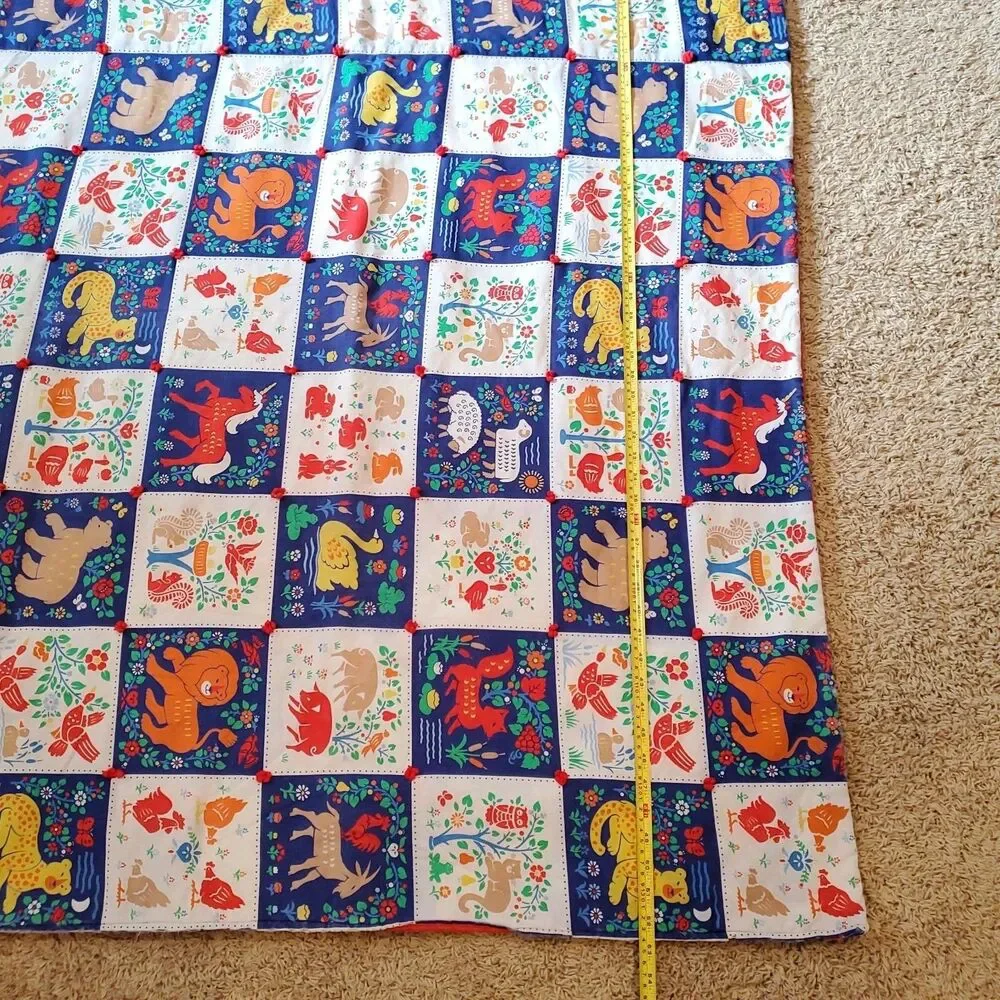 Vtg Printed Block Quilt Pattern Baby Blanket Forest Animal Fox Owl Deer Folk Art